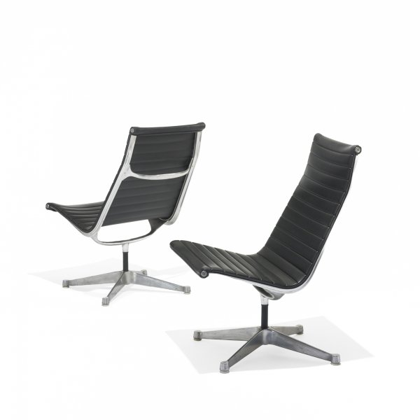 Eames Aluminum group lounge chairs, pair: Charles and Ray Eames Aluminum group lounge chairs, pair Herman Miller USA, 1958 vinyl, aluminum, enameled steel, plastic 22 w x 29 d x 35.5 h inches Signed with molded manufacturer's mark to base of 