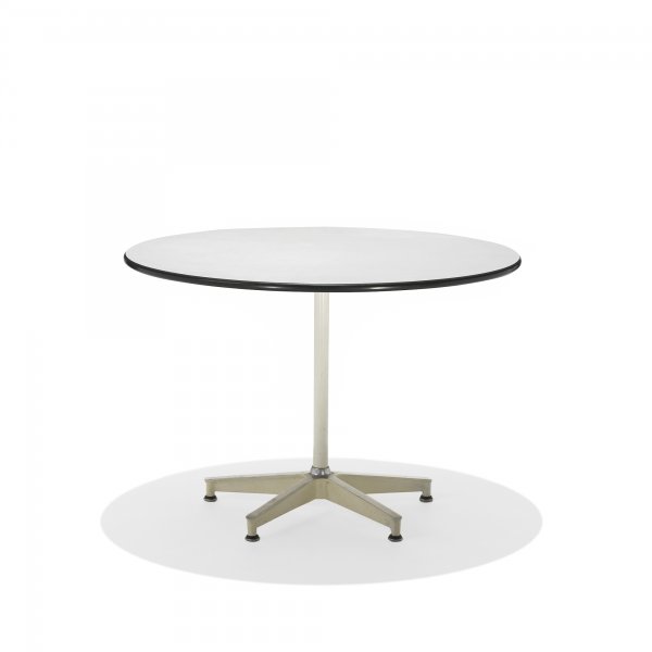 Charles and Ray Eames 650 dining table: Charles and Ray Eames 650 dining table Herman Miller USA, 1955 laminate, enameled aluminum, enameled steel, aluminum, rubber 42.25 dia x 28.75 h inches Literature: The Herman Miller Collection, manufa