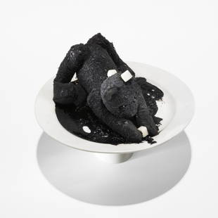 Charles LeDray Untitled: Charles LeDray Untitled 1991 stuffed velvet bear, Rancho Le Brea tar, sugar cubes, sawdust, porcelain plate and cup assemblage 9.5 h x 13 w inches Signed and dated to the underside 'LeDray 91'.