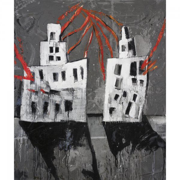 Walter Dahn Houses in Motion (Talking Heads): Walter Dahn Houses in Motion (Talking Heads) 1982 oil on canvas 74 h x 40 w inches Signed, titled and dated to verso 'Houses in Motion (T.H.) Walter Dahn 1982'.