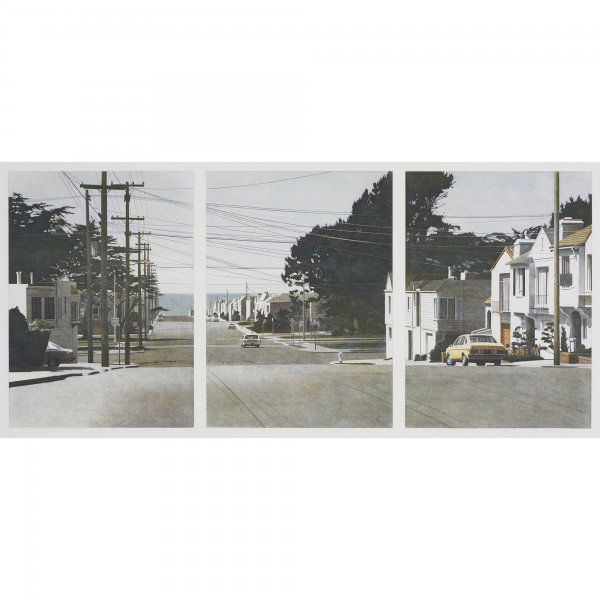 Robert Bechtle Sunset Intersection: Robert Bechtle Sunset Intersection 1983 color soft ground etching in three panels on one sheet of paper 22 h x 49.50 w inches Signed and numbered to lower edge 'Bechtle 5/35'. This work is number 5 fr