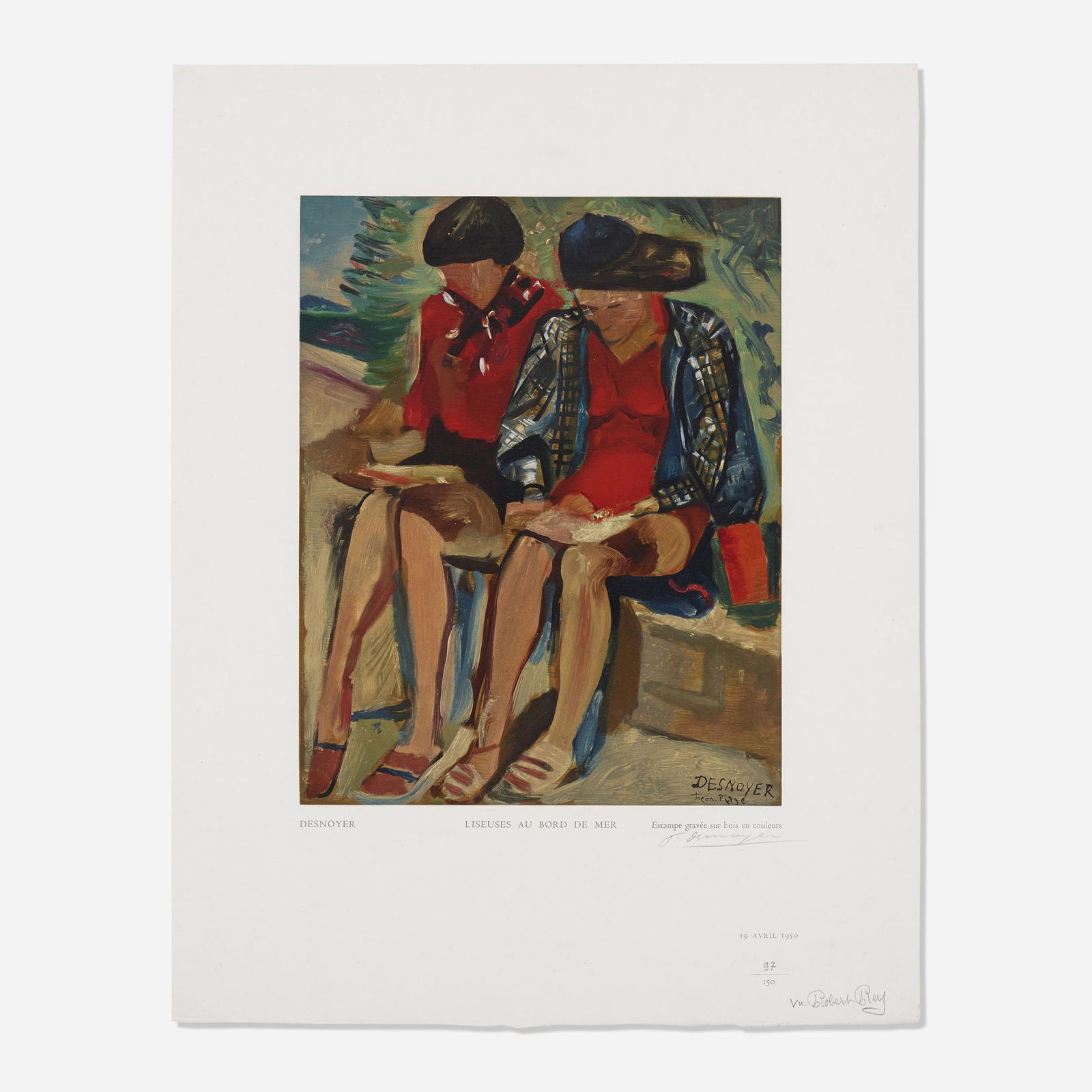 Francois Desnoyer, Liseuses Au Bord Du Mer: Francois Desnoyer Liseuses Au Bord Du Mer (from the Estampes portfolio) 1950wood engraving in colors on Van Gelder Zonen paper sheet: 18.25 h × 14.25 w in (46 × 36 cm) image: 11.5 h &t