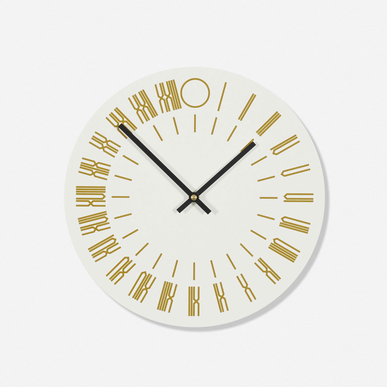 Tauba Auerbach, 24-hour wall clock: Tauba Auerbach 24-hour wall clock Assembly DesignUSA, 2013screenprinted composite, enameled aluminum, brass 1.5 d × 10.5 dia in (4 × 27 cm) Printed manufacturer's mark to rev