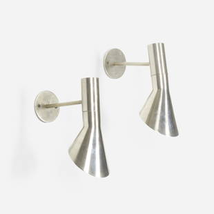 Arne Jacobsen, Visor wall lamps, pair: Arne Jacobsen Visor wall lamps, pair Louis PoulsenDenmark, 1957chrome-plated steel 9 h × 4.25 w × 11 d in (23 × 11 × 28 cm) Literature: Arne J