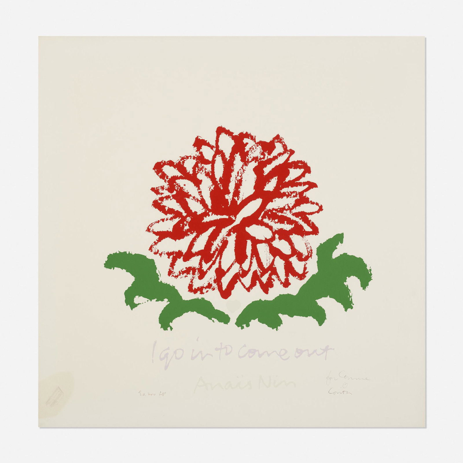 Corita Kent (Sister Mary Corita), for anais: Corita Kent (Sister Mary Corita) for anais 1978 screenprint in colors 23 h × 23 w in (58 × 58 cm) Signed, numbered and inscribed to lower edge 'Ed 200 AP for Connie Love Corita'. Th