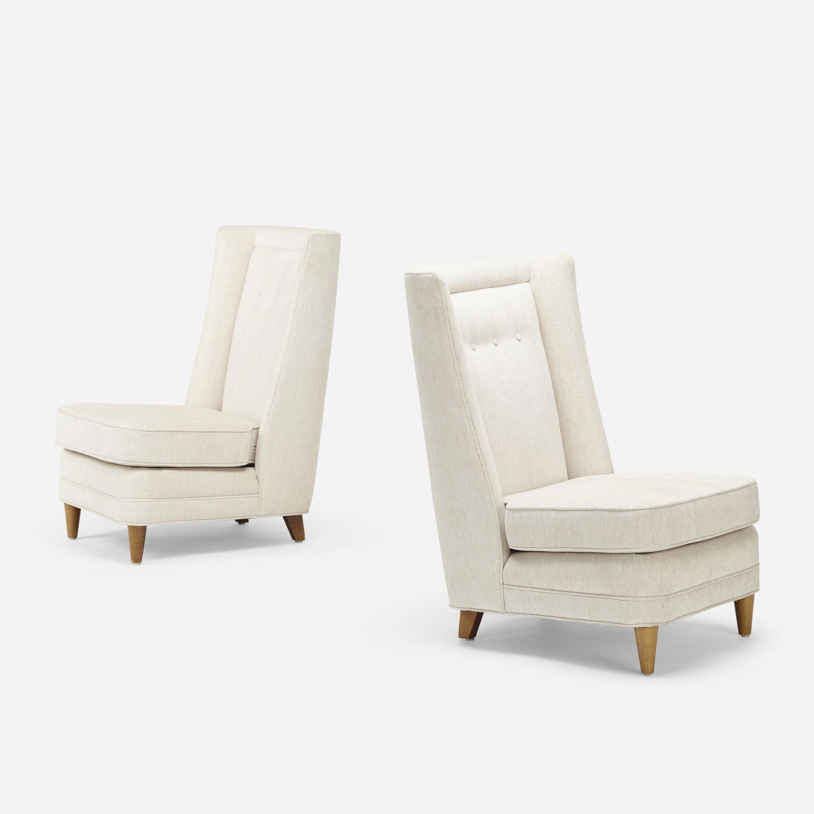 In the manner of Paul Laszlo, Lounge chairs, pair: In the manner of Paul Laszlo Lounge chairs, pair USA, c. 1950upholstery, maple 36.5 h × 24 w × 31 d in (93 × 61 × 79 cm) This work will ship from Wright in