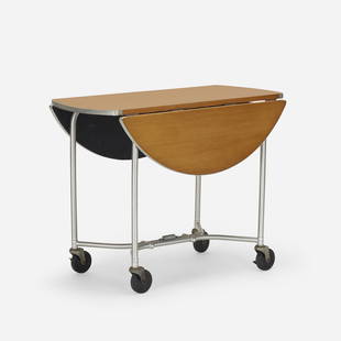 Warren McArthur, Drop-leaf rolling table: Warren McArthur Drop-leaf rolling table USA, c. 1935 ash, aluminum, chrome-plated steel, rubber console: 28 h × 40 w × 20 d in (71 × 102 × 51 cm) table: 28 h × 40 dia