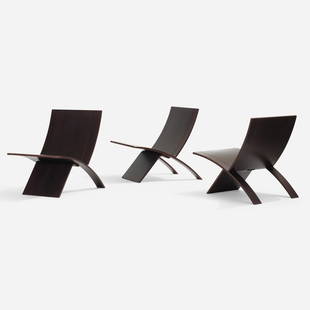 Jens Nielsen, Laminex chairs, set of three: Jens Nielsen Laminex chairs, set of three WestnofaDenmark / Norway, 1966stained beech plywood 27.5 h × 21.25 w × 29 d in (70 × 54 × 74 cm) Literature: