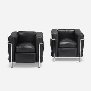 Perriand, Jeanneret and Le Corbusier, LC2 lounge chairs: Charlotte Perriand, Pierre Jeanneret and Le Corbusier LC2 lounge chairs, pair Cassina France / Italy, 1928 / c. 1990 leather, chrome-plated steel 27 h × 31 w × 27.5 d in (69 × 79