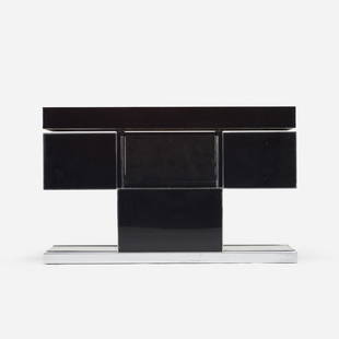 Willy Rizzo, attribution, Bar: Willy Rizzo, attribution Bar Italy, c.1970 lacquered wood, stainless steel, chrome-plated steel, glass 29.25 h × 47.25 w × 15.75 d in (74 × 120 × 40 cm) Bar features four