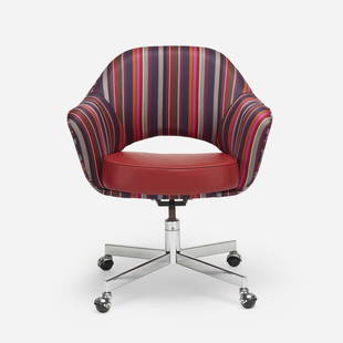 Eero Saarinen, Executive armchair: Eero Saarinen Executive armchair Knoll International USA, 1950 / c. 1990 chrome-plated steel, upholstery, leather, rubber 33 h × 27 w × 23 d in (84 × 69 × 58 cm) This work