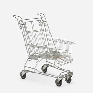 In the manner of Tom Sachs, Shopping Cart chair: In the manner of Tom Sachs Shopping Cart chair c. 1993 chrome-plated steel, rubber, plastic 40.5 h × 27.5 w × 37.5 d in (103 × 70 × 95 cm) This work will ship from Wright