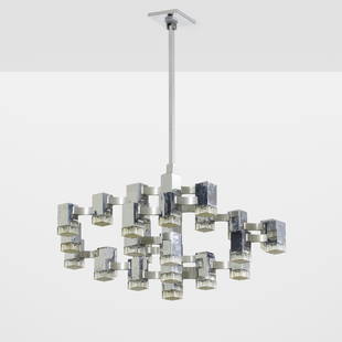 Gaetano Sciolari, Chandelier: Gaetano Sciolari Chandelier Italy, c. 1970aluminum, chrome-plated brass, chrome-plated steel, brass, acrylic 48.5 h &times; 39 dia in (123 &times; 99 cm) Paper manufacturer's label to reverse