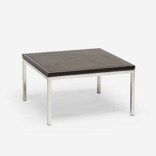 Steelcase, Coffee table: Steelcase Coffee table USA, c. 1975 chrome-plated steel, lacquered wood, leather 15.5 h × 27 w × 27 d in (39 × 69 × 69 cm) Provenance: Private Collection This work will