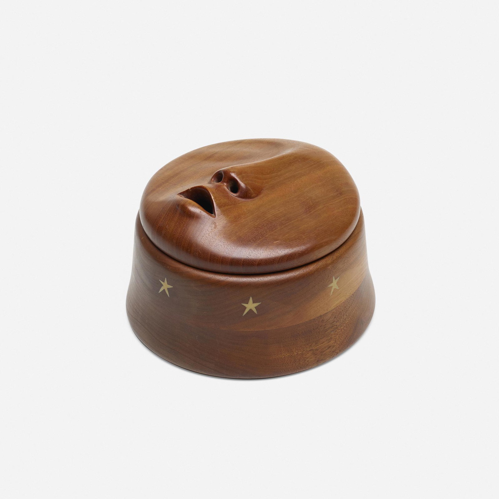 Bob Trotman, Lidded box: Bob Trotman Lidded box USA, 1979 walnut, maple, inlay 5.25 h × 7.75 dia in (13 × 20 cm) Incised signature and date to underside 'bob trotman 79'. This work will