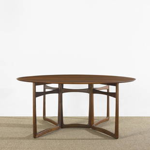 Hvidt and Molgaard-Nielson dining table: Peter Hvidt and Orla Molgaard-Nielson dining table France and Sons Denmark, c. 1960 teak, brass 64 w x 56 d x 28.5 h inches Table features two drop-leaves and can be utilized as a console; console