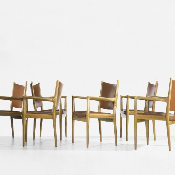 Hans Wegner armchairs, set of six: Hans Wegner armchairs, set of six Johannes Hansen Denmark, 1960 oak, leather 26.5 w x 22 d x 35.5 h inches Signed with applied manufacturer's label to underside of three examples: [Johannes Hansen Cab