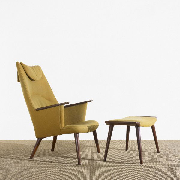 Hans Wegner lounge chair and ottoman: Hans Wegner lounge chair and ottoman AP Stolen Denmark, 1954 upholstery, teak 29 w x 31 d x 41 h inches Ottoman measures: 27.25 w x 16.5 d x 16 h inches. Signed with Danish control label to underside