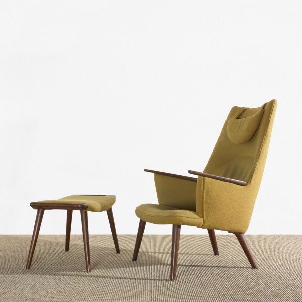 Hans Wegner lounge chair and ottoman: Hans Wegner lounge chair and ottoman AP Stolen Denmark, 1954 upholstery, teak 29 w x 31 d x 41 h inches Ottoman measures: 27.25 w x 16.5 d x 16 h inches. Signed with Danish control label to underside