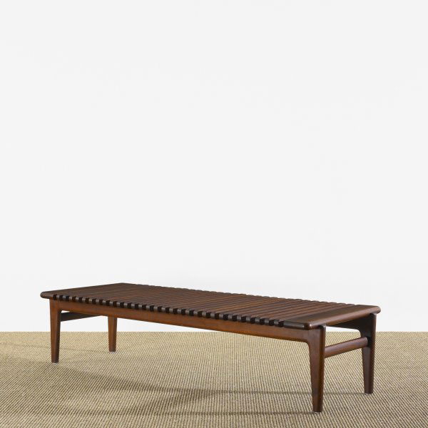 Hans Wegner bench: Hans Wegner bench Johannes Hansen Denmark, 1953 teak 55.5 w x 20 d x 12.75 h inches Signed with branded manufacturer's mark to underside: [Johannes Hansen Denmark]. Literature: Hans J. Wegner's 100 Ch