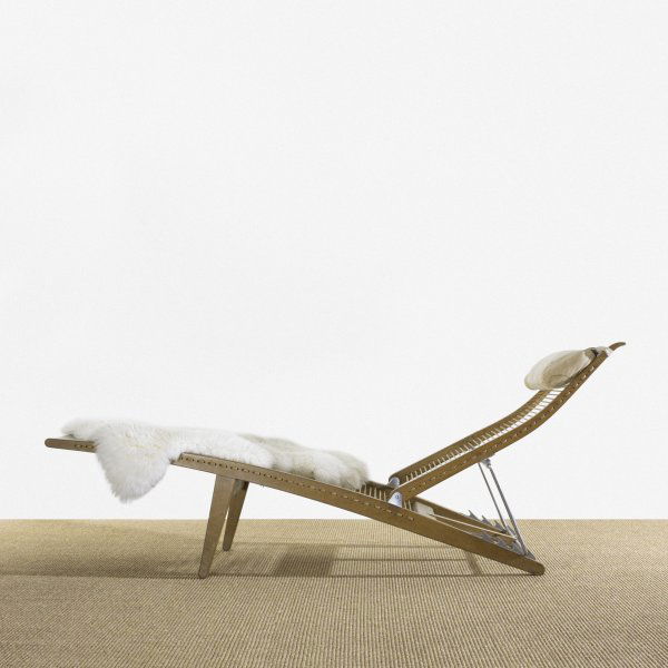 Hans Wegner chaise lounge: Hans Wegner chaise lounge Johannes Hansen Denmark, 1958 teak, matte chrome-plated steel, rope, canvas, aluminum 70 w x 25 d x 35 h inches Signed with applied manufacturer's label to underside: [Johann