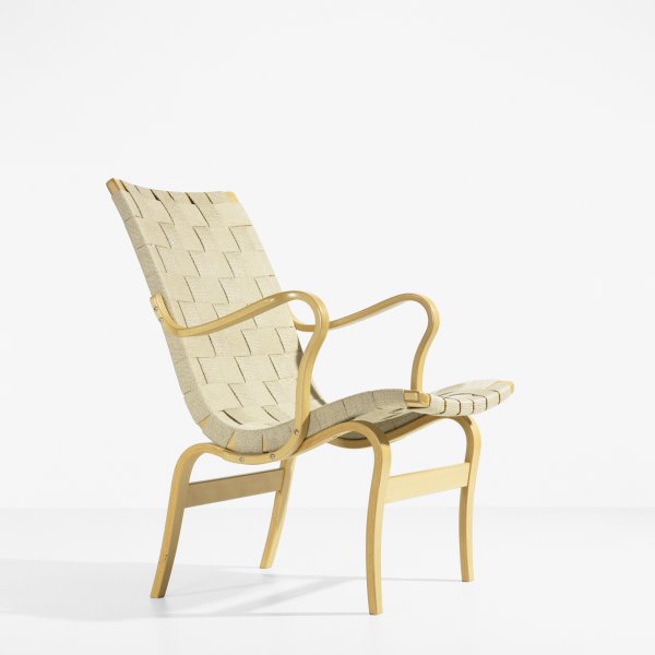 Bruno Mathsson Eva chair: Bruno Mathsson Eva chair DUX Sweden, 1941/c. 1970 steam-molded beech, canvas 23.5 w x 27 d x 33 h inches Signed with impressed manufacturer's mark to frame: [Bruno Mathsson by Dux]. Literature: Svensk
