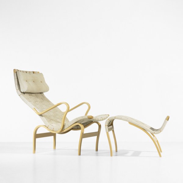 Bruno Mathsson Pernilla 2 chair with ottoman: Bruno Mathsson Pernilla 2 chair with ottoman DUX Sweden, 1943/c. 1970 steam-molded beech, canvas 25.5 w x 39 d x 36.5 h inches Ottoman measures: 20.5 w x 26 d x 16 h inches. Signed with impressed manu