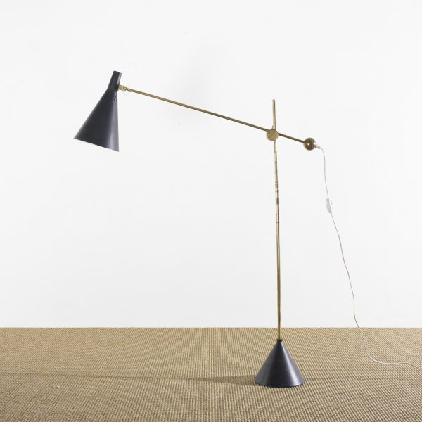 Tapio Wirkkala floor lamp, model k10-11: Tapio Wirkkala floor lamp, model k10-11 Idman Finland, 1958 enameled steel, brass, enameled aluminum 34 w x 7 d x 48 h inches Signed with cast manufacturer's mark to stem: [Idman]. Literature: Tapio W