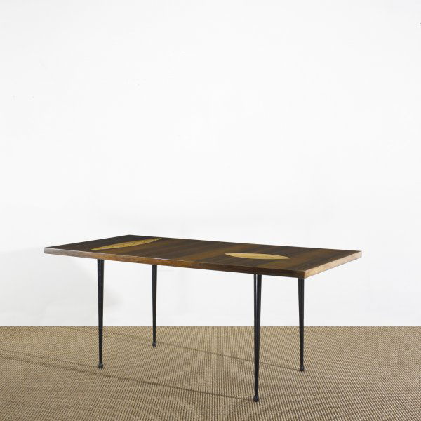 Tapio Wirkkala coffee table: Tapio Wirkkala coffee table Asko Finland, 1958 laminated padauk, teak, birch, enameled steel 49 w x 24.5 d x 21 h inches Signed with branded manufacturer's mark to underside: [Tapio Wirkkala Asko Made