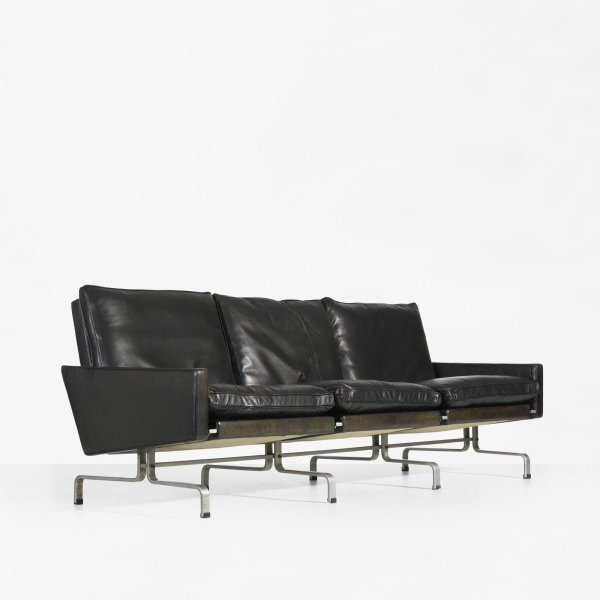 Poul Kjaerholm PK 31/3 sofa: Poul Kjaerholm PK 31/3 sofa E. Kold Christensen Denmark, 1958 leather, matte chrome-plated steel 78 w x 29 d x 28 h inches Signed with impressed manufacturer's mark to underside. Literature: The Furni