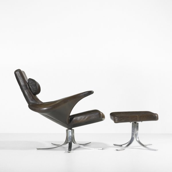 Berg and Eriksson Seagull chair and ottoman: Gösta Berg and Stenerik Eriksson Seagull chair and ottoman Fritz Hansen Denmark, 1968 matte chrome-plated steel, leather 36 w x 37 d x 35 h inches Ottoman measures: 23 w x 19 d x 15.5 h inches. Signe