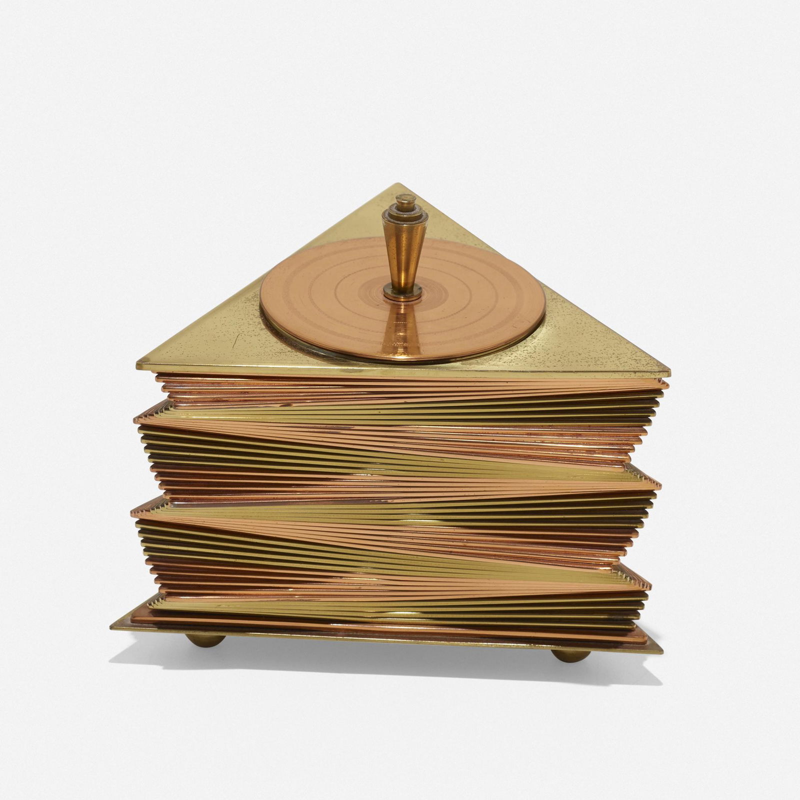 John Otar, Box: John Otar Box USA, c. 1933copper, brass 4.75 h × 6 w × 5 d in (12 × 15 × 13 cm) Engraved manufacturer's mark to underside of lid 'Otar USA Pats. Pend'. L