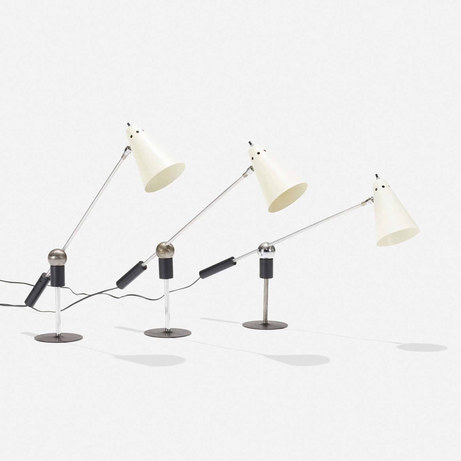 Gilbert Watrous, Table lamps, set of three: Gilbert Watrous Table lamps, set of three Heifetz Manufacturing Co.USA, 1950enameled aluminum, enameled steel, chrome-plated steel, aluminum, plastic 23.5 h × 5 w × 28 d in (60 &tim