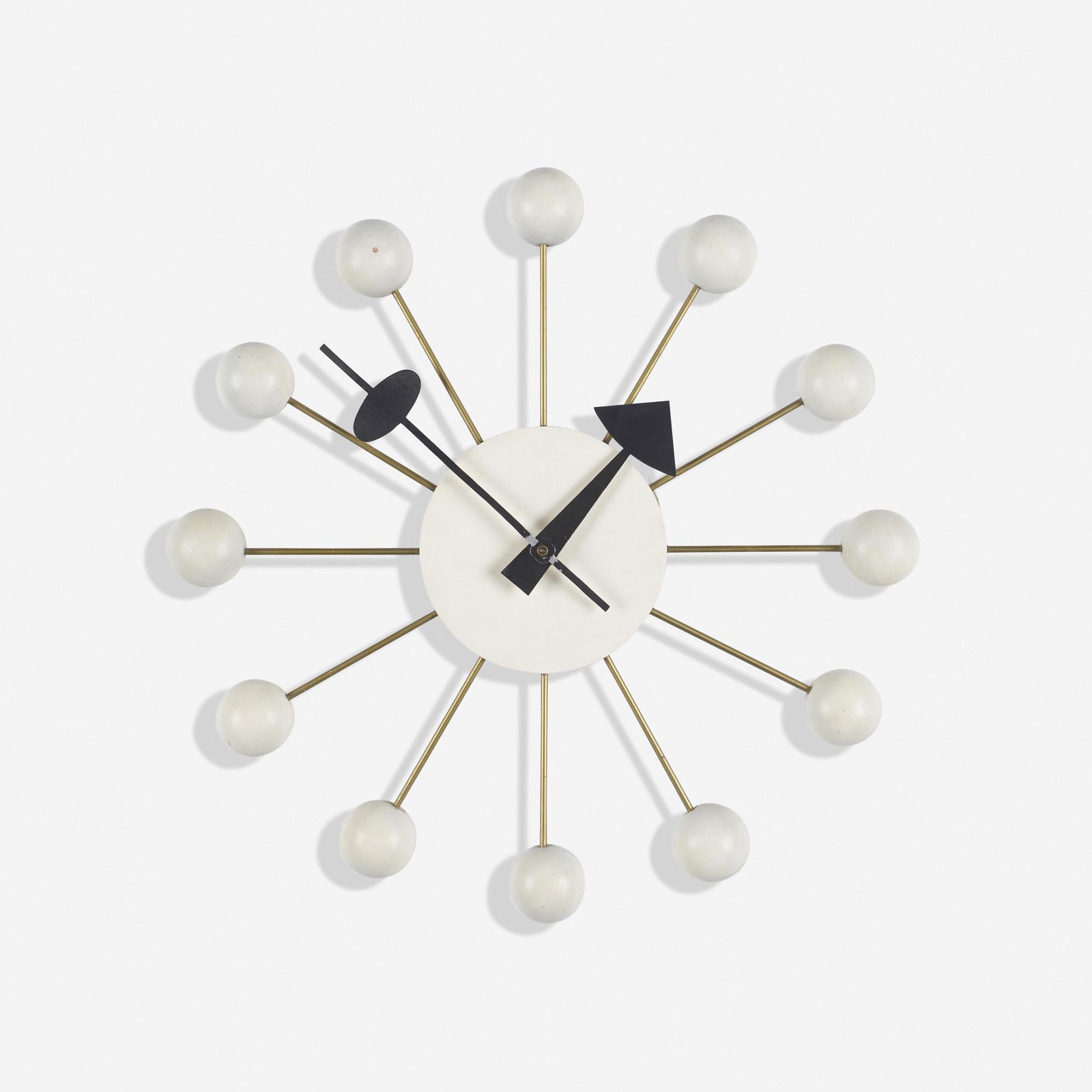 George Nelson & Associates, Ball wall clock, model 4755: George Nelson & Associates Ball wall clock, model 4755 Herman Miller Clock CompanyUSA, 1949enameled aluminum, lacquered maple, brass 2.75 d × 13 dia in (7 × 33 cm) Li