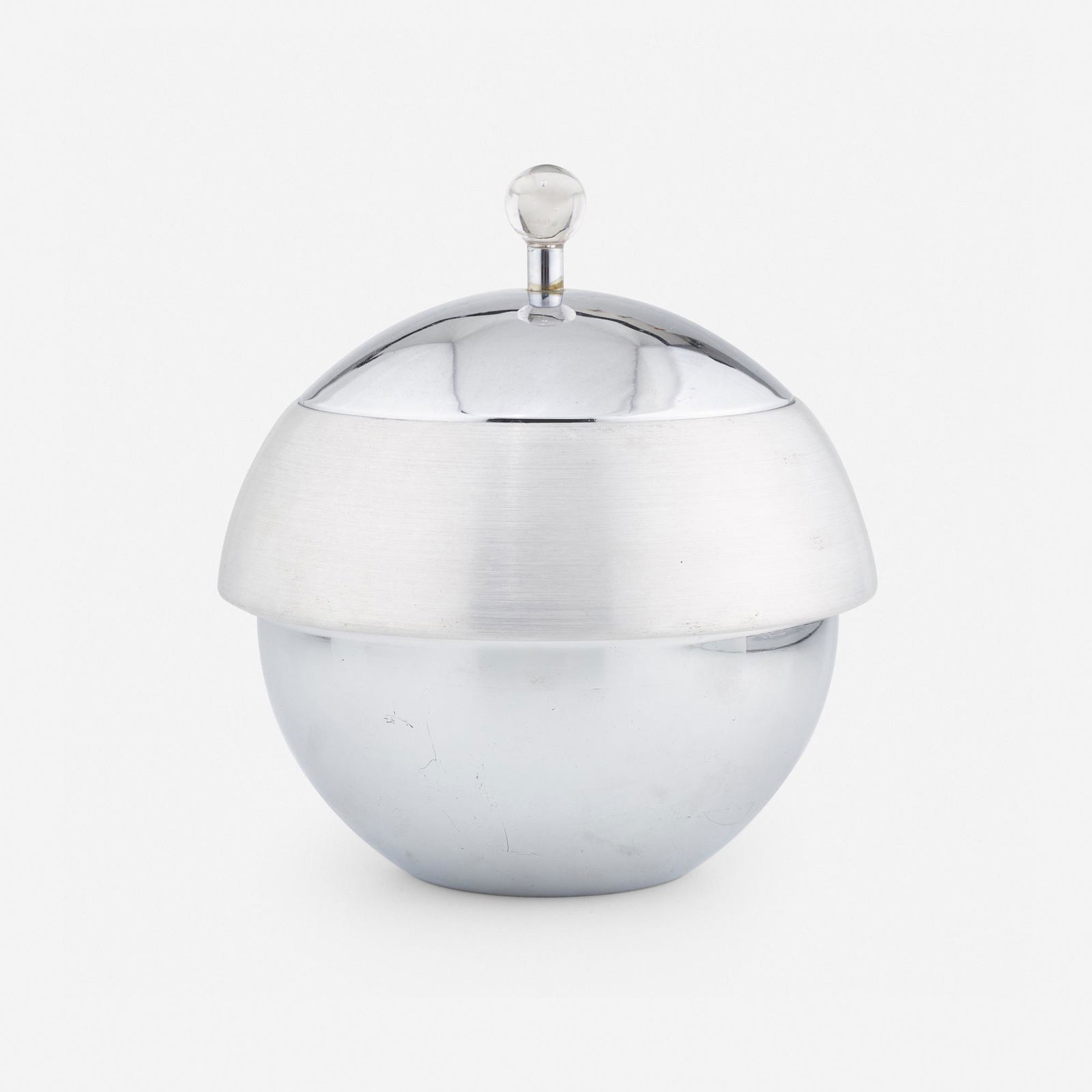 Russel Wright, Rare Ice bucket: Russel Wright Rare Ice bucket Wright Accessories CompanyUSA, c. 1935spun aluminum, chrome-plated aluminum, glass 8.5 h × 7.75 dia in (22 × 20 cm) Impressed manufacturer's mar