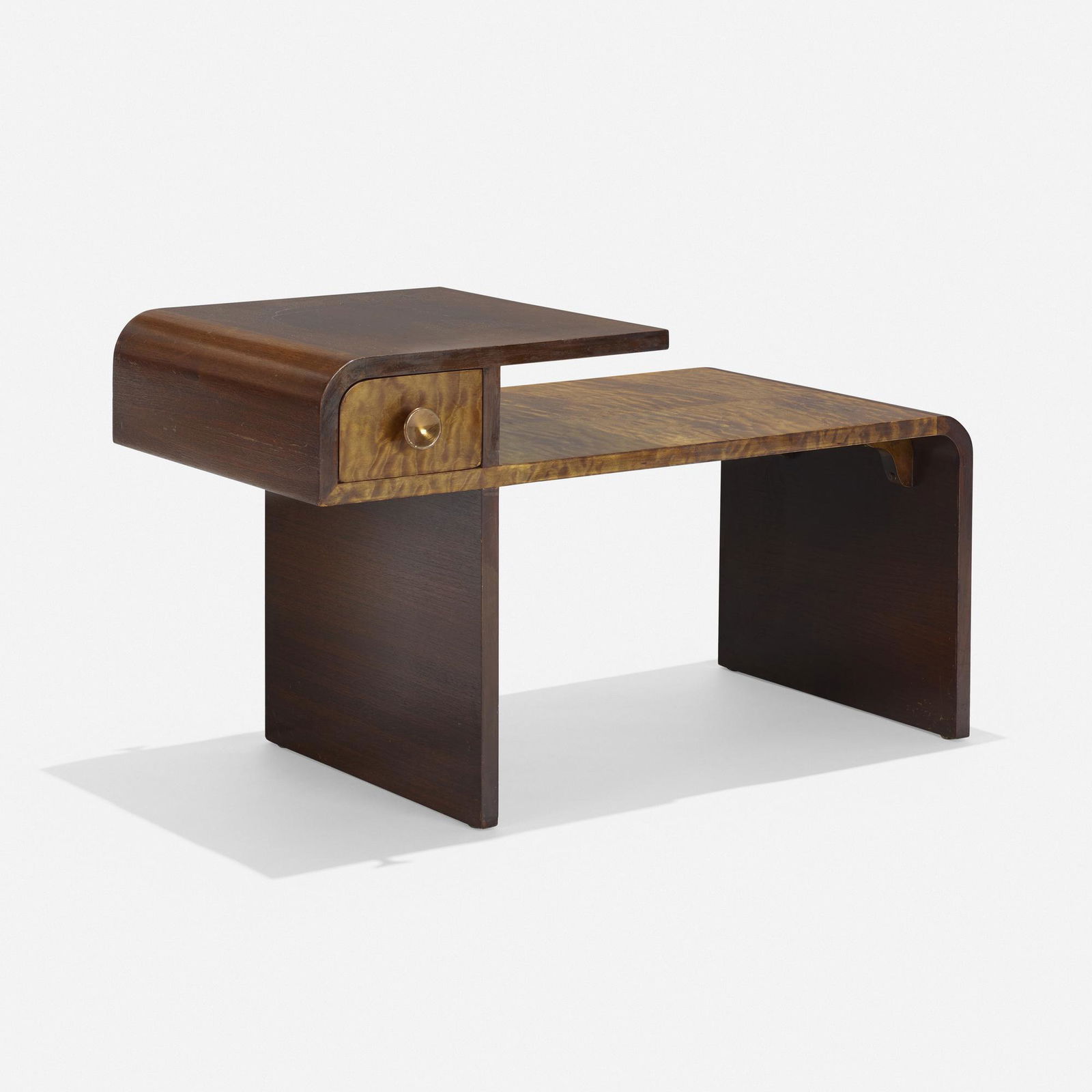 Russel Wright, Coffee table, model C-2671-G: Russel Wright Coffee table, model C-2671-G Heywood-WakefieldUSA, c.1930mahogany, tiger maple, copper 18.75 h × 32 w × 18 d in (48 × 81 × 46 cm) Table features one
