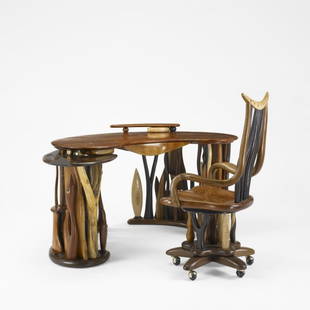 Steven Spiro desk and chair: Steven Spiro desk and chair USA, 2000 walnut, tiger maple, redwood, beech, wenge, macassar ebony, mother-of-pearl, trilobites, quartz 66 w x 39 d x 33 h inches Chair measures: 24.75 w x 24 d x 43.5 h