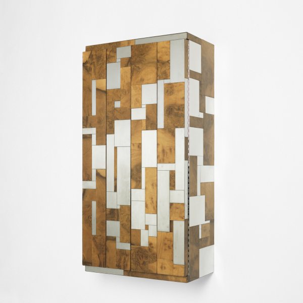Paul Evans Cityscape cabinet: Paul Evans Cityscape cabinet Paul Evans Studio for Directional USA, c. 1975 burled maple, chrome-plated steel 24 w x 14 d x 48 h inches This wall-mounted cabinet features two bi-fold doors concealing
