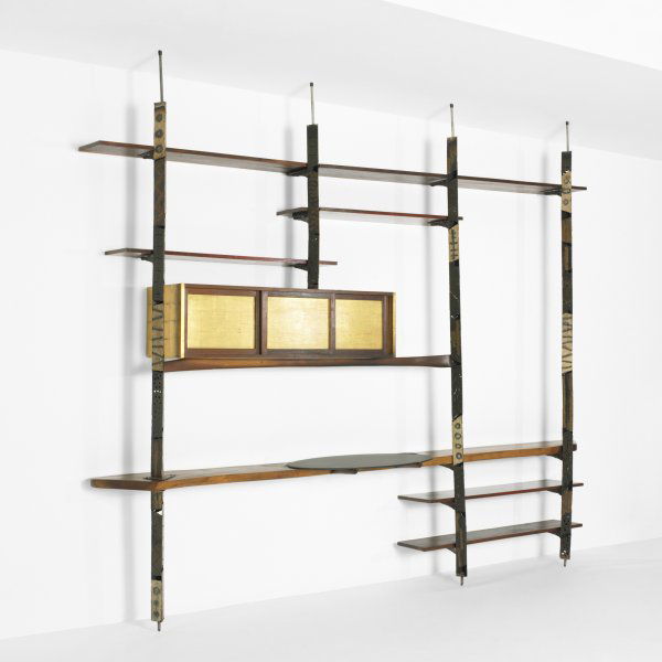 Paul Evans and Phillip Lloyd Powell shelving unit: Paul Evans and Phillip Lloyd Powell shelving unit USA, c. 1960 welded and enameled steel, walnut, lacquered wood, slate, gold leaf 129.5 w x 22 d x 110 h inches This shelving unit features four uprigh