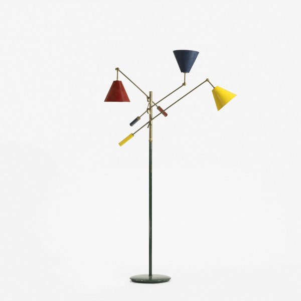 Arredoluce Three arm floor lamp: Arredoluce Three arm floor lamp Italy, 1950 enameled brass, enameled aluminum, brass, enameled steel 35 w x 35 d x 65 h inches This early example features an enameled metal base and short cone shades