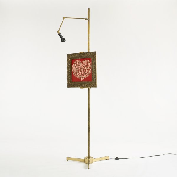Arredoluce easel lamp: Arredoluce easel lamp Italy, c. 1958 brass, enameled aluminum 22 w x 23 d x 81.75 h inches