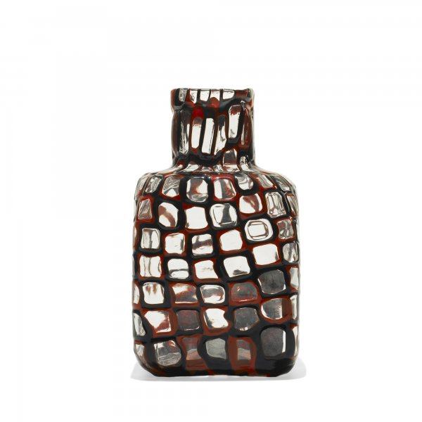 Tobia Scarpa Occhi vase: Tobia Scarpa Occhi vase Venini Italy, c. 1960 clear glass murrine inserts over coral and black lattimo lattice 4.5 w x 4.5 d x 7.5 h inches Incised signature to underside: [Venini Italia]. Literature: