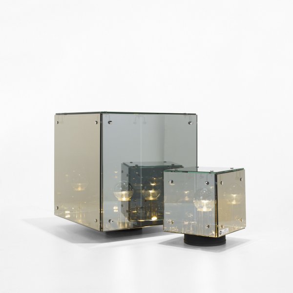 Arditi Prismar lamps, pair: Arditi Prismar lamps, pair Nucleo for Sormani Italy, 1972 glass, enameled steel, chrome-plated brass 16 w x 16 d x 17 h inches Additional lamp measures: 8.5 w x 8.5 d x 9.5 h inches. Signed with appli