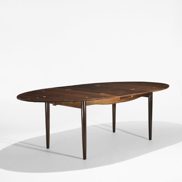 Finn Juhl Judas dining table: Finn Juhl Judas dining table Niels Vodder Denmark, c. 1950 rosewood, silver inlay 70.75 w x 47 d x 28.5 h inches Sold with two 21.5-inch leaves; table measures 113.75 inches when fully extended. Signe