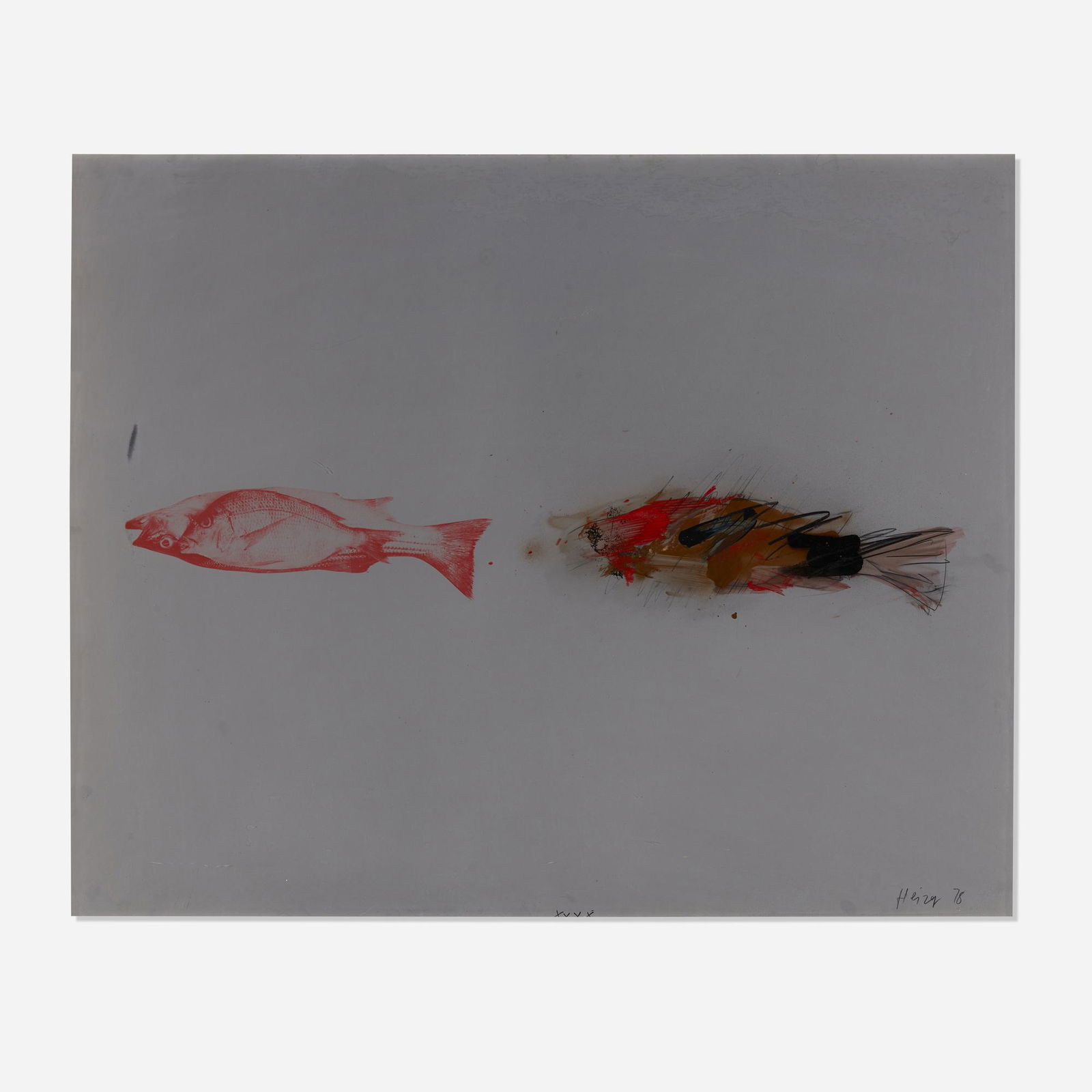 Michael Heizer, Fish Drawing: Michael Heizer Fish Drawing 1978offset lithograph, graphite, oil, spray paint on zinc plate 36 h × 44.5 w in (91 × 113 cm) Signed to lower right 'Heizer 78'. Provena