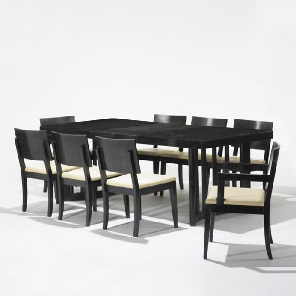 American dining set: American dining set c. 1965 stained beech, vinyl 62 w x 40 d x 30 h inches Set includes table and eight chairs. Sold with two 12-inch leaves; table measures eighty-six inches when fully extended.