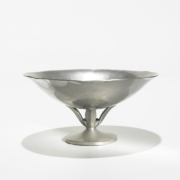 Just Andersen compote: Just Andersen compote Georg Jensen Denmark, c. 1935 hand-hammered and cast pewter 6.75 dia x 3.25 h inches Signed with impressed manufacturer's mark to underside: [Just Denmark 1101].