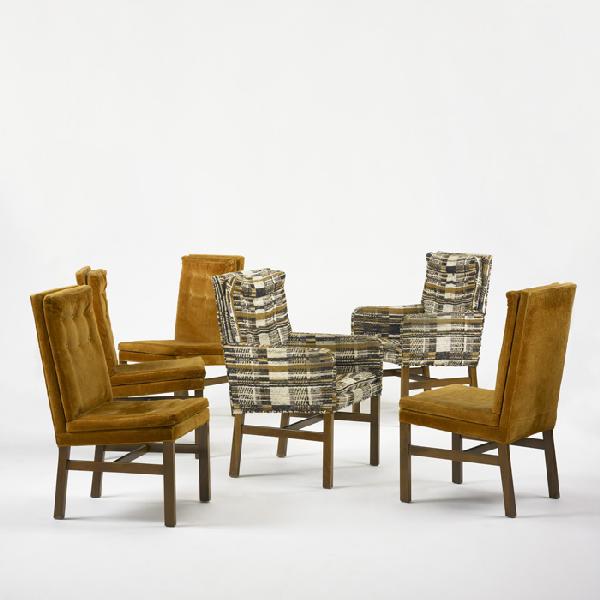 Milo Baughman dining chairs, set of six: Milo Baughman dining chairs, set of six USA, c. 1960 mahogany, upholstery 23 w x 23.5 d x 36.5 h inches 19 w x 23 d x 37 h inches