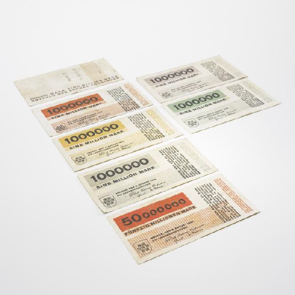 Herbert Bayer banknotes, set of seven: Herbert Bayer banknotes, set of seven Austria, 1923 letterpress on paper 5.5 w x 2.75 d inches Literature: Bauhaus 1919-1933: Workshops for Modernity, Bergdoll and Dickerman, pg. 204 illustrates simil