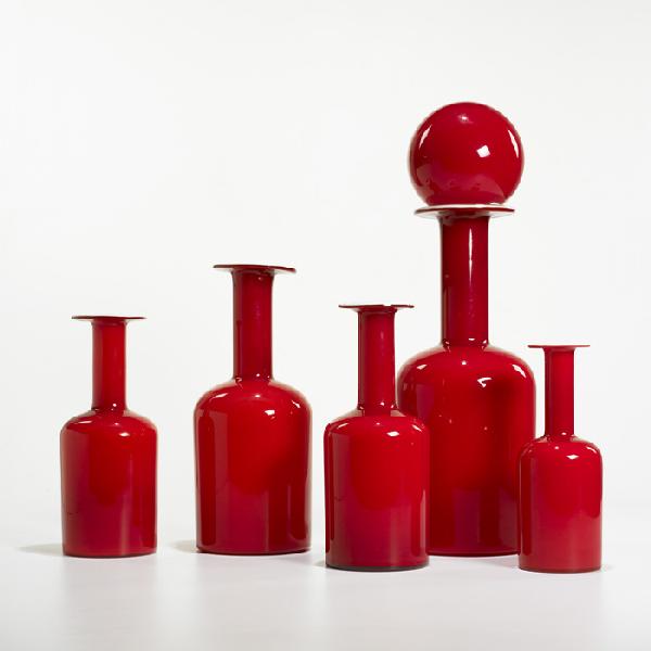 Otto Brauer Gulvvase, set of five: Otto Brauer Gulvvase, set of five Kastrup-Holmegaard Denmark, 1962/c. 1970 glass 7 dia x 22.25 h inches Dimensions provided for the largest example. Signed with decal manufacturer's label to edge of o